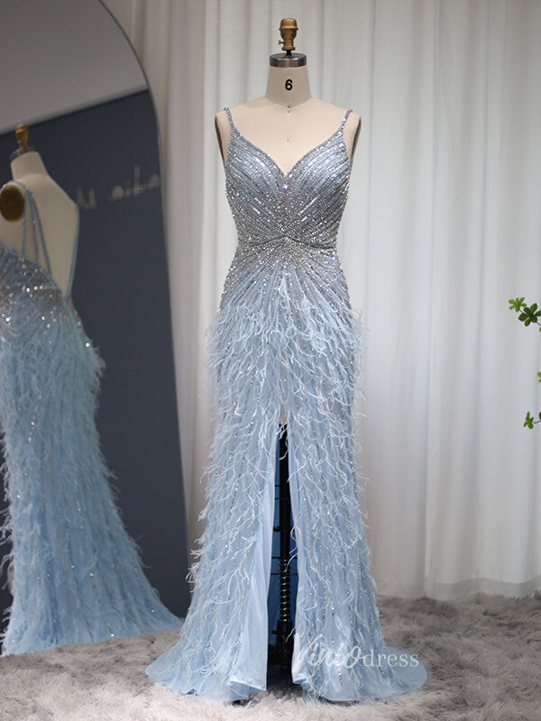 Prom Dress 2025 Spaghetti Strap Sheath Prom Dress Beaded Feather 20s Evening Dress FD2477-unique prom dresses-Light Blue-US 2-Viniodress