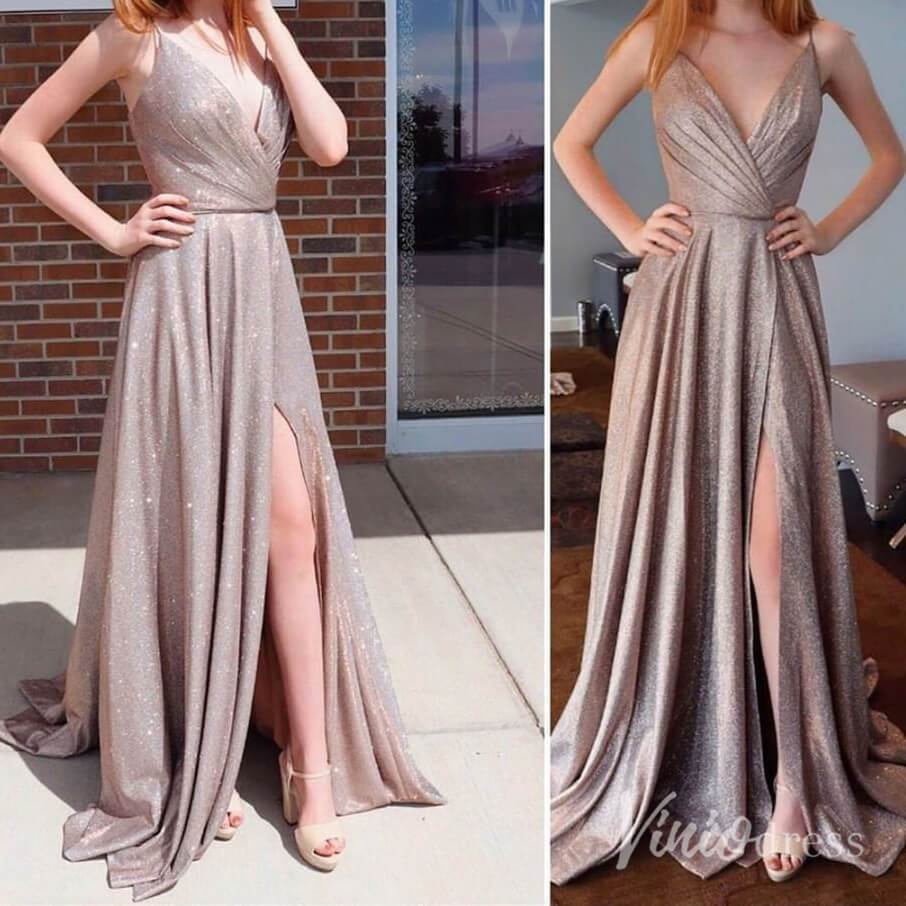 Prom Dress 2025 Spaghetti Strap Sparkly Mauve Prom Dresses with Slit FD1780-unique prom dresses-Khaki-Custom Size-Viniodress