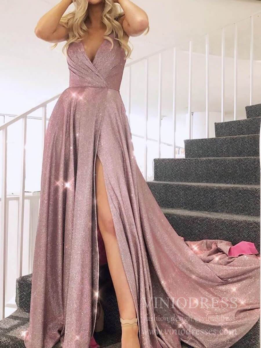 Prom Dress 2025 Spaghetti Strap Sparkly Mauve Prom Dresses with Slit FD1780-unique prom dresses-Mauve-Custom Size-Viniodress