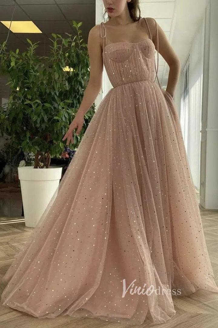 Prom Dress 2025 Spaghetti Strap Starry Prom Dresses with Pockets FD2659B-unique prom dresses-Blush Pink-Custom Size-Viniodress