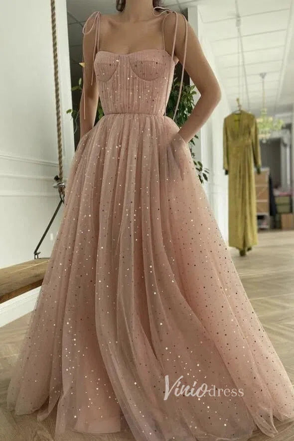 Prom Dress 2025 Spaghetti Strap Starry Prom Dresses with Pockets FD2659B-unique prom dresses-Blush Pink-Custom Size-Viniodress