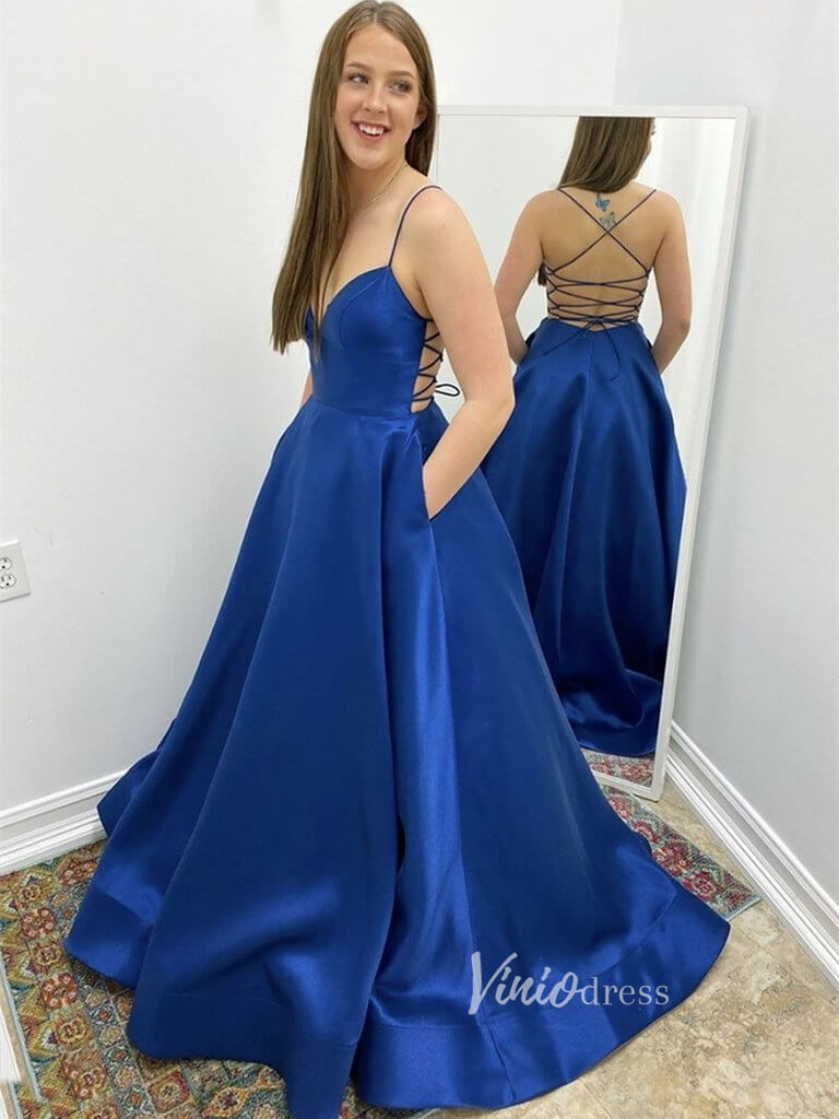 Prom Dress 2025 Spaghetti Strap V-neck Blue Satin Prom Dress with Pockets FD2640-unique prom dresses-Royal Blue-Custom Size-Viniodress