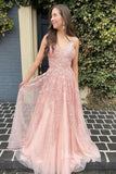 Prom Dress 2025 Spaghetti Strap V-neck Lace Applique Prom Dresses A-line Formal Dress FD1348-unique prom dresses-Blush Pink-Custom Size-Viniodress