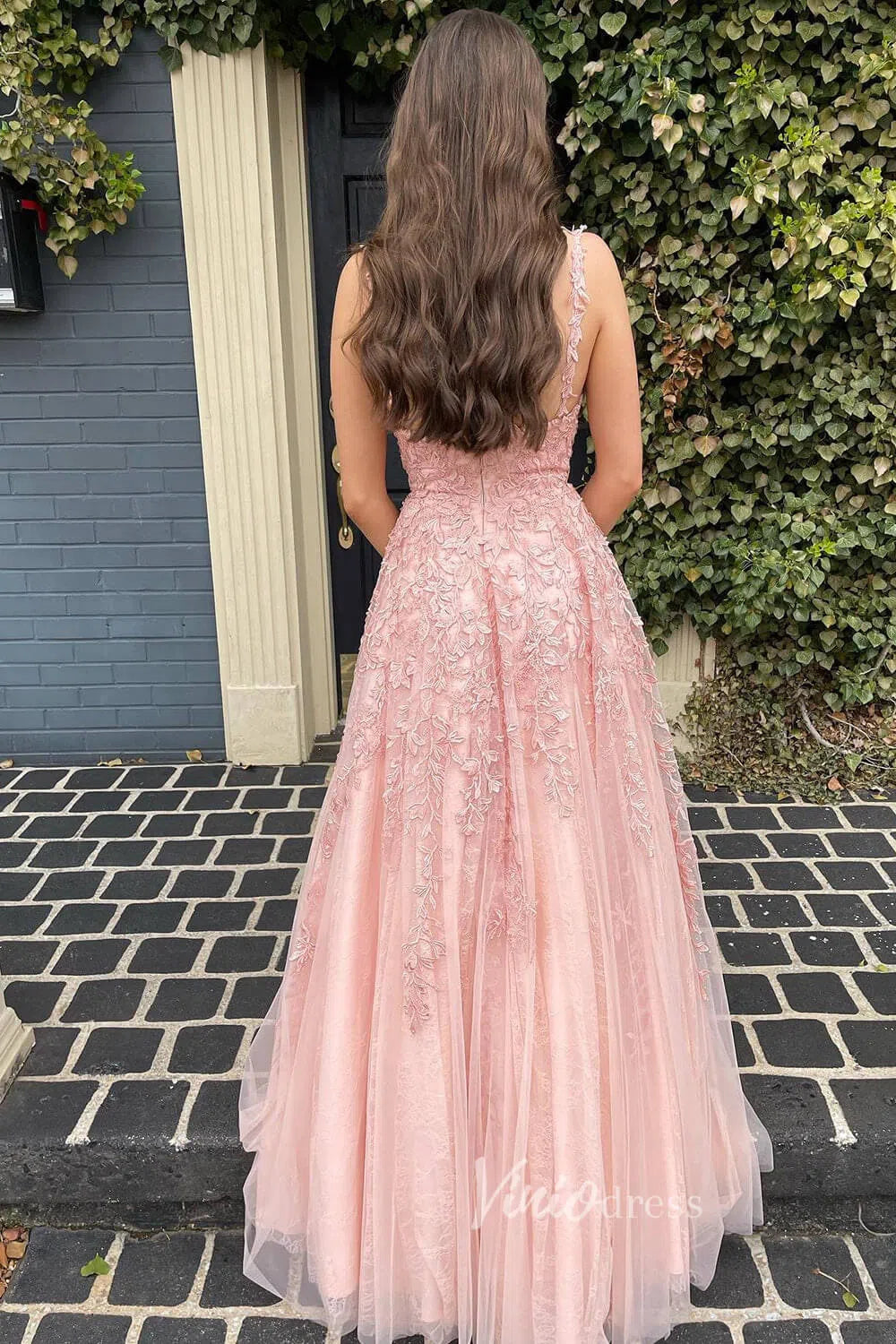 Prom Dress 2025 Spaghetti Strap V-neck Lace Applique Prom Dresses A-line Formal Dress FD1348-unique prom dresses-Yellow-Custom Size-Viniodress