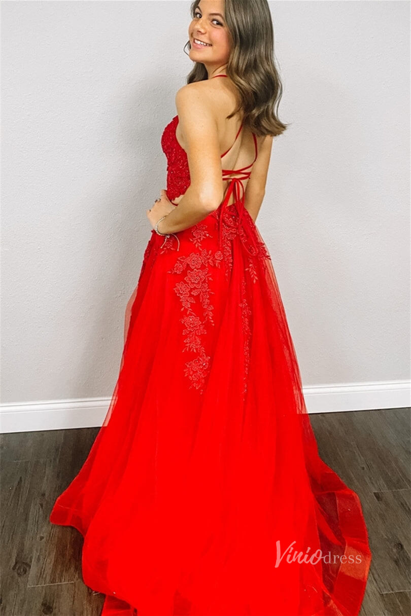 Prom Dress 2025 Spaghetti Strap V-neck Red Lace Prom Dresses with Slit FD2124B Lace-up Back-unique prom dresses-Red-Custom Size-Viniodress