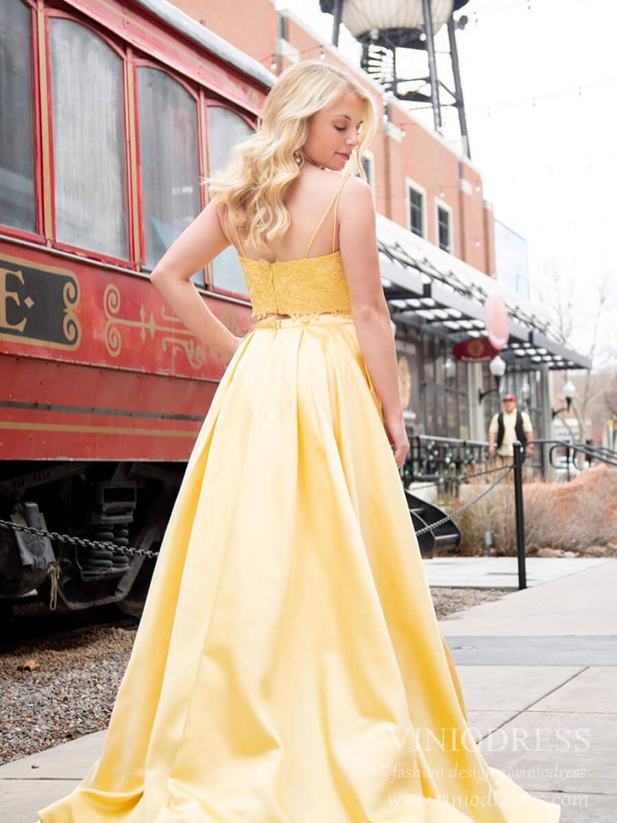 Prom Dress 2025 Spaghetti Strap Yellow 2 Piece Prom Dresses with Pockets Side Slit Satin Prom Gown FD2108-unique prom dresses-Yellow-Custom Size-Viniodress