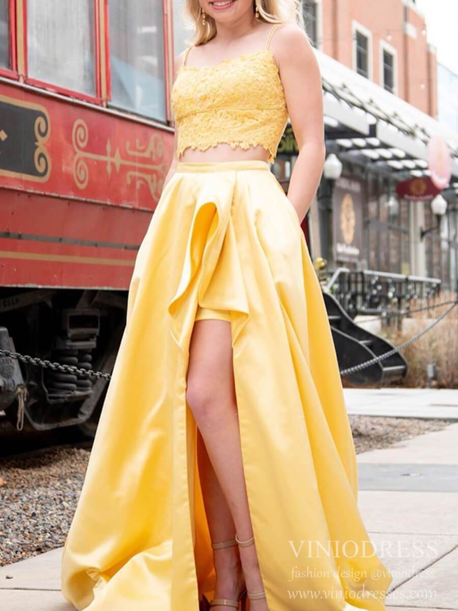 Prom Dress 2025 Spaghetti Strap Yellow 2 Piece Prom Dresses with Pockets Side Slit Satin Prom Gown FD2108-unique prom dresses-Yellow-Custom Size-Viniodress