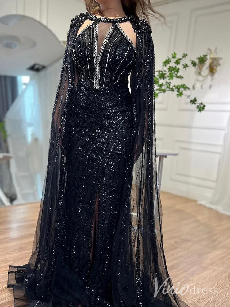 Prom Dress 2025 Sparkly Beaded Mermaid Prom Dresses Cape Sleeve Pageant Dress AD1229-unique prom dresses-Black-US 2-Viniodress