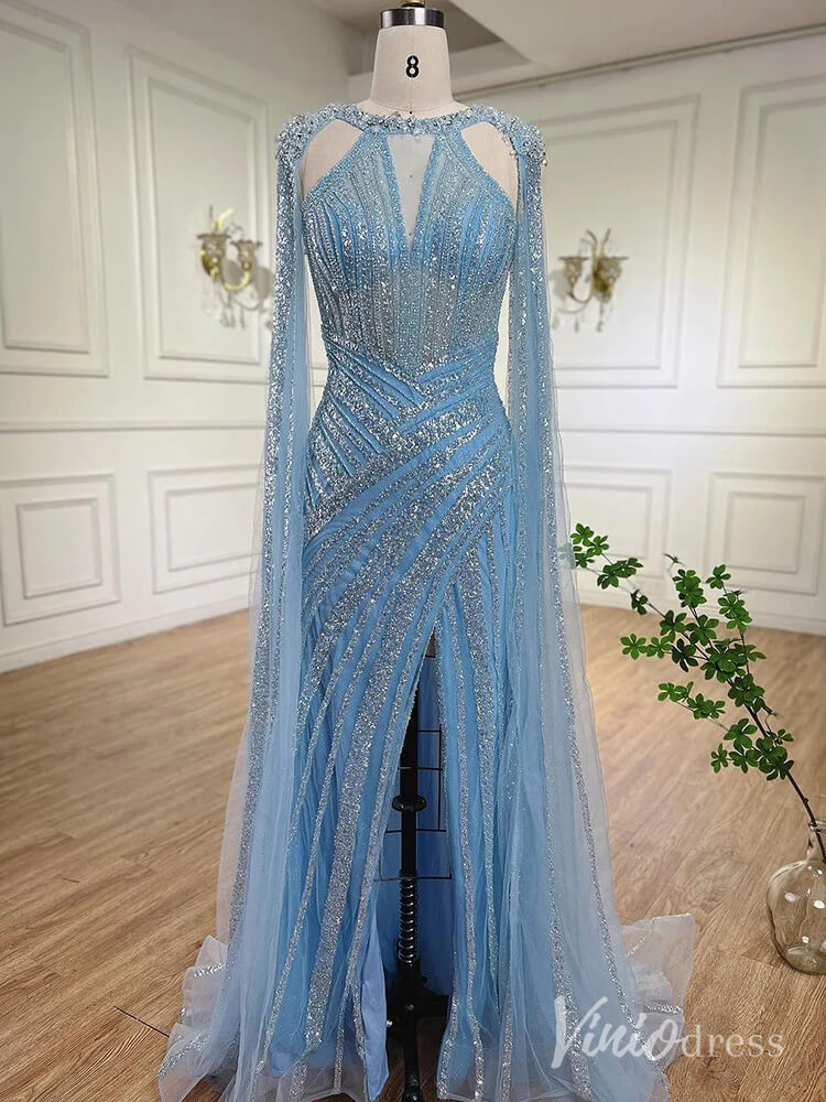 Prom Dress 2025 Sparkly Beaded Mermaid Prom Dresses Cape Sleeve Pageant Dress AD1229-unique prom dresses-Dusty Blue-US 2-Viniodress