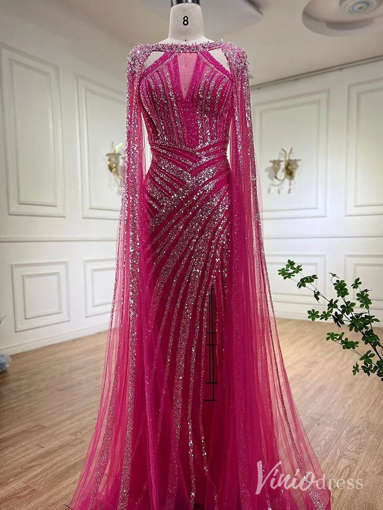 Prom Dress 2025 Sparkly Beaded Mermaid Prom Dresses Cape Sleeve Pageant Dress AD1229-unique prom dresses-Magenta-US 2-Viniodress