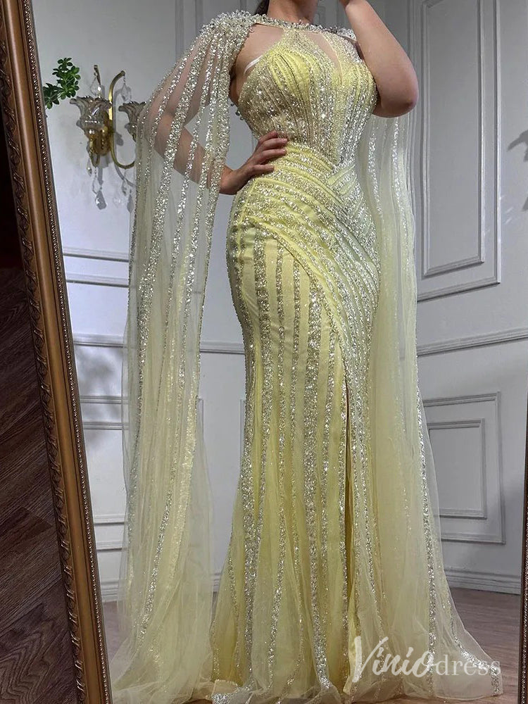 Prom Dress 2025 Sparkly Beaded Mermaid Prom Dresses Cape Sleeve Pageant Dress AD1229-unique prom dresses-Yellow-US 2-Viniodress