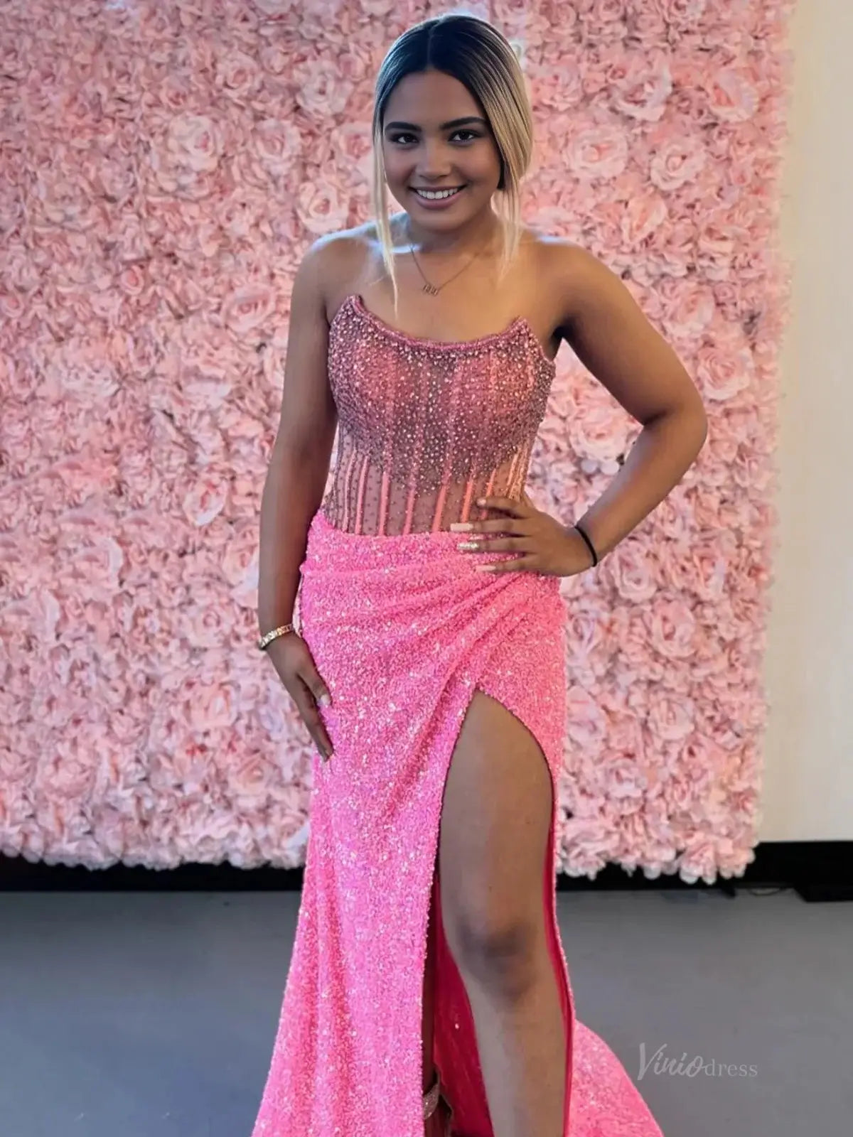 prom dresses 2025 Sparkly Beaded Sequin Mermaid Prom Dress 2025 with Slit – FD5025-plus size wedding dresses Viniodress-Pink-Custom Size-