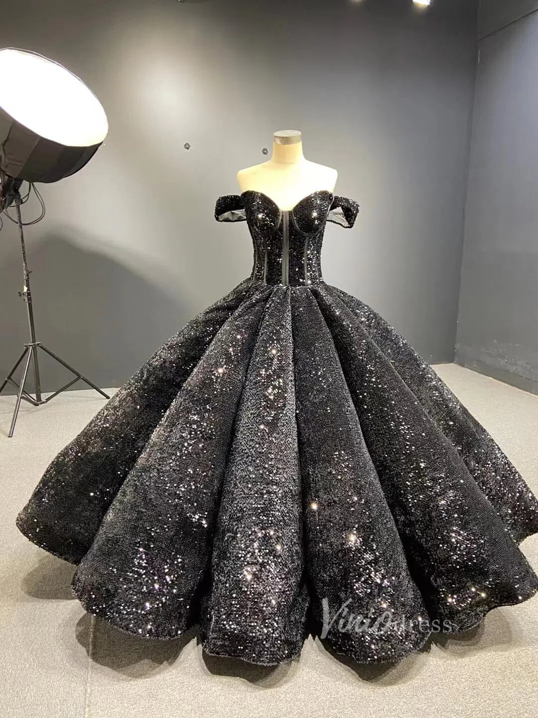 Sparkly Black Sequin Ball Gown Wedding Dress Sweet 16 Dresses 66567 viniodress-prom dresses-Viniodress-Black-Custom Size-Viniodress