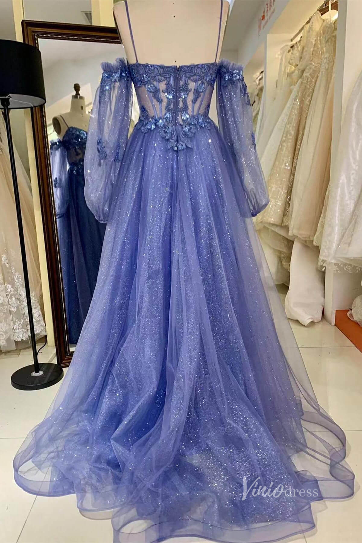 Sparkly Blue Lace Applique Prom Dresses Sheer Boned Bodice Long Sleeve FD3989 - Viniodressprom dressesBlueCustom Size - Formal Dresses - Ball Gowns