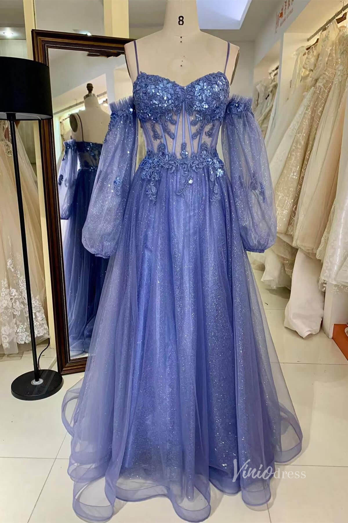 Prom Dress 2025 Sparkly Blue Lace Applique Prom Dresses Sheer Boned Bodice Long Sleeve FD3989-unique prom dresses-Blue-Custom Size-Viniodress