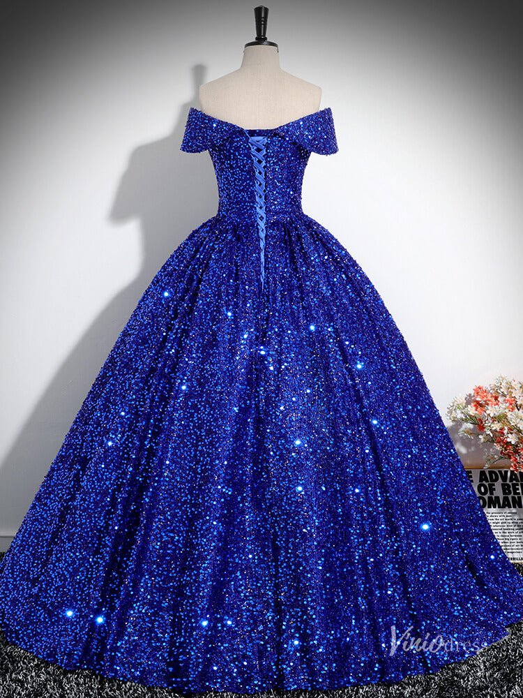 Sparkly Blue Sequin Prom Ball Gown Off the Shoulder Quinceanera Dresses BG027 - Viniodressprom dressesBlueCustom Size - Formal Dresses - Ball Gowns