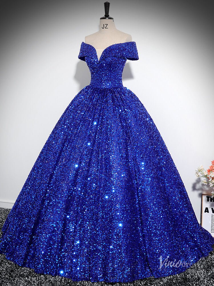 Sparkly Blue Sequin Prom Ball Gown Off the Shoulder Quinceanera Dresses BG027 - Viniodressprom dressesBlueCustom Size - Formal Dresses - Ball Gowns