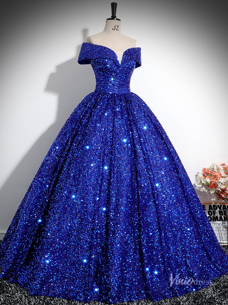 Sparkly Blue Sequin Prom Ball Gown Off the Shoulder Quinceanera Dresses BG027 - Viniodressprom dressesBlueCustom Size - Formal Dresses - Ball Gowns