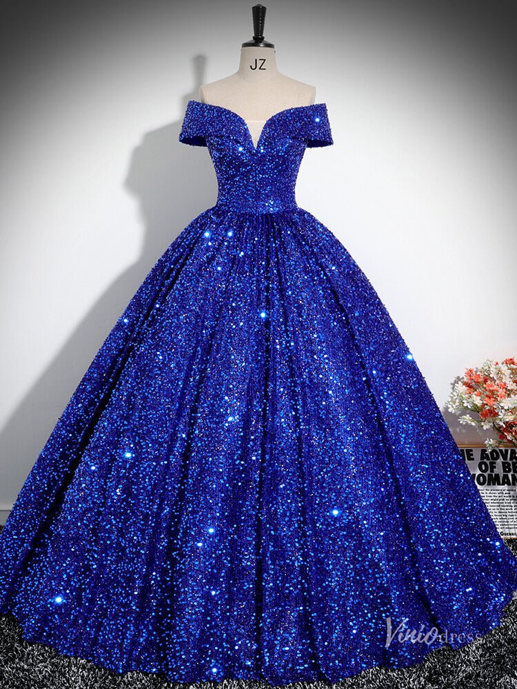 Sparkly Blue Sequin Prom Ball Gown Off the Shoulder Quinceanera Dresses BG027 - Viniodressprom dressesBlueCustom Size - Formal Dresses - Ball Gowns