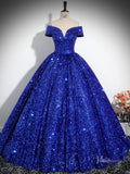 Prom Dress 2025 Sparkly Blue Sequin Prom Ball Gown Off the Shoulder Quinceanera Dresses BG027-unique prom dresses-Blue-Custom Size-Viniodress