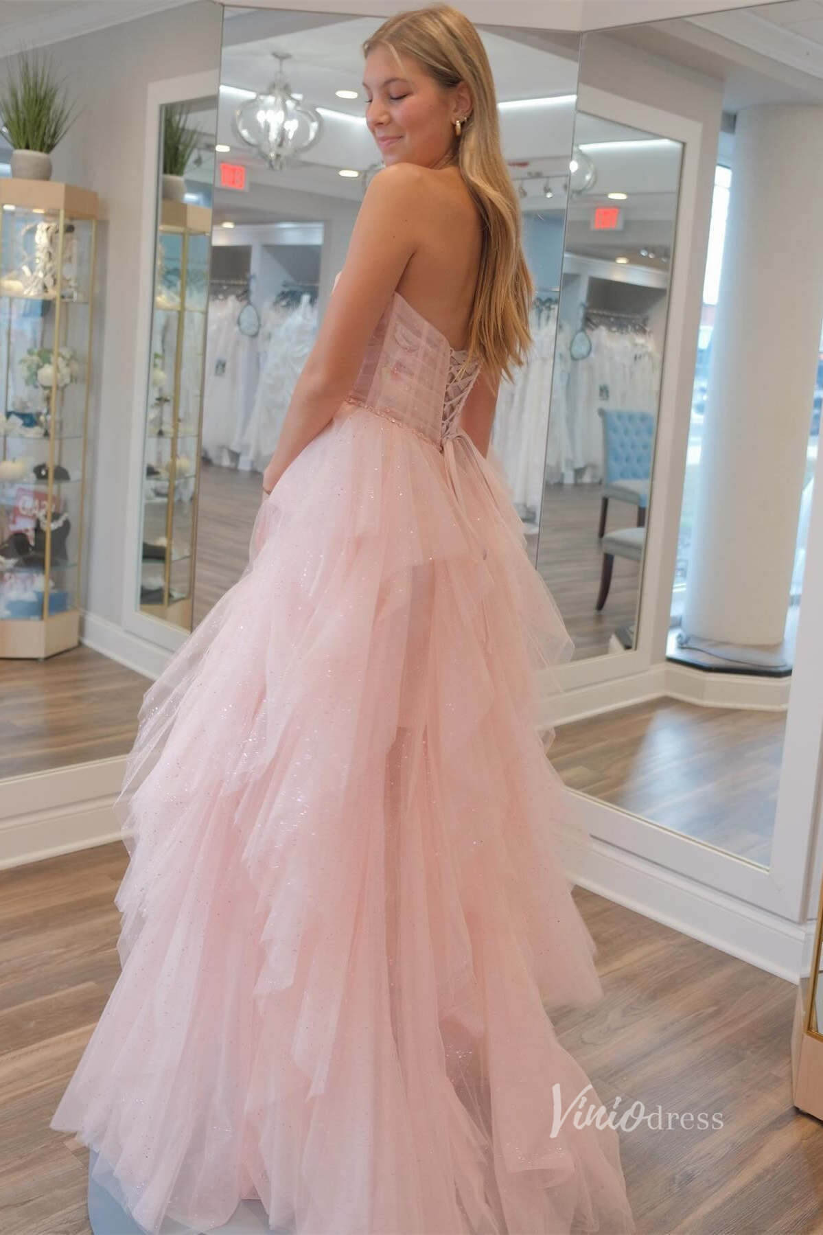 Prom Dress 2025 Sparkly Blush Pink Tiered Prom Dresses Strapless Pleated Boned Bodice FD4035-unique prom dresses-Blush Pink-Custom Size-Viniodress