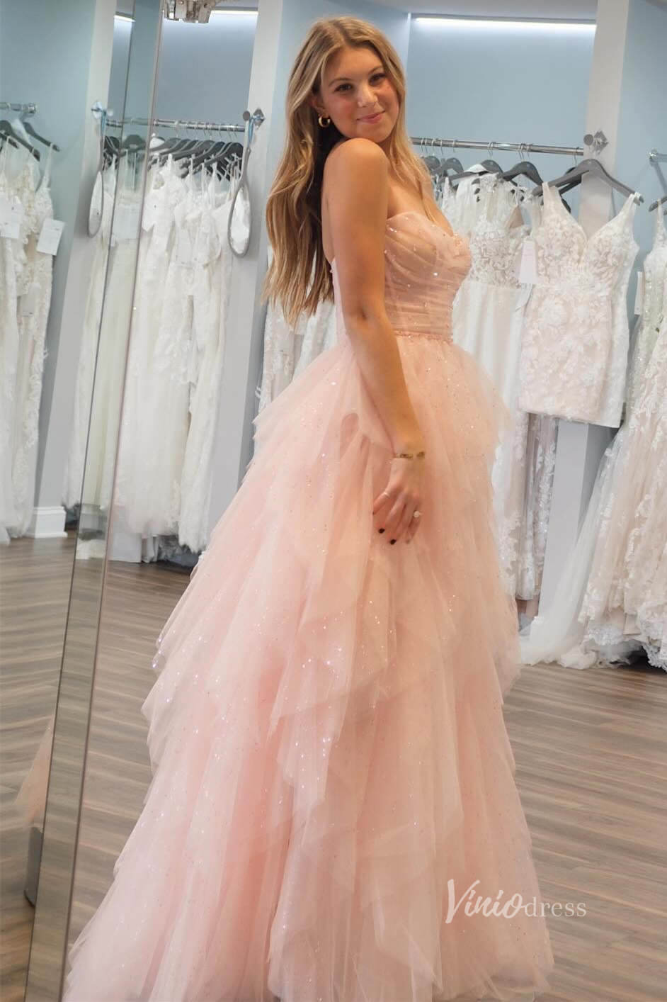 Prom Dress 2025 Sparkly Blush Pink Tiered Prom Dresses Strapless Pleated Boned Bodice FD4035-unique prom dresses-Blush Pink-Custom Size-Viniodress