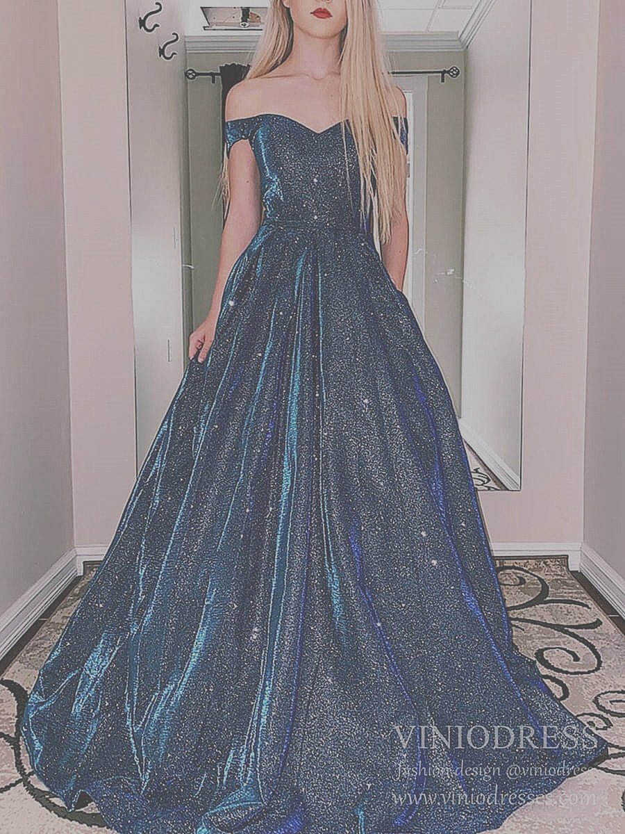 Prom Dress 2025 Sparkly Chic Blue Off the Shoulder Prom Dresses with Pockets FD2145-unique prom dresses-Navy Blue-Custom Size-Viniodress