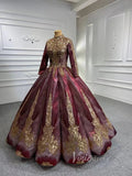 Prom Dress 2025 Sparkly Gold Long Sleeve Wedding Dress High Neck 66754 Burgundy-unique prom dresses-Burgundy-US 2-Viniodress