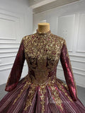 Prom Dress 2025 Sparkly Gold Long Sleeve Wedding Dress High Neck 66754 Burgundy-unique prom dresses-Burgundy-US 2-Viniodress