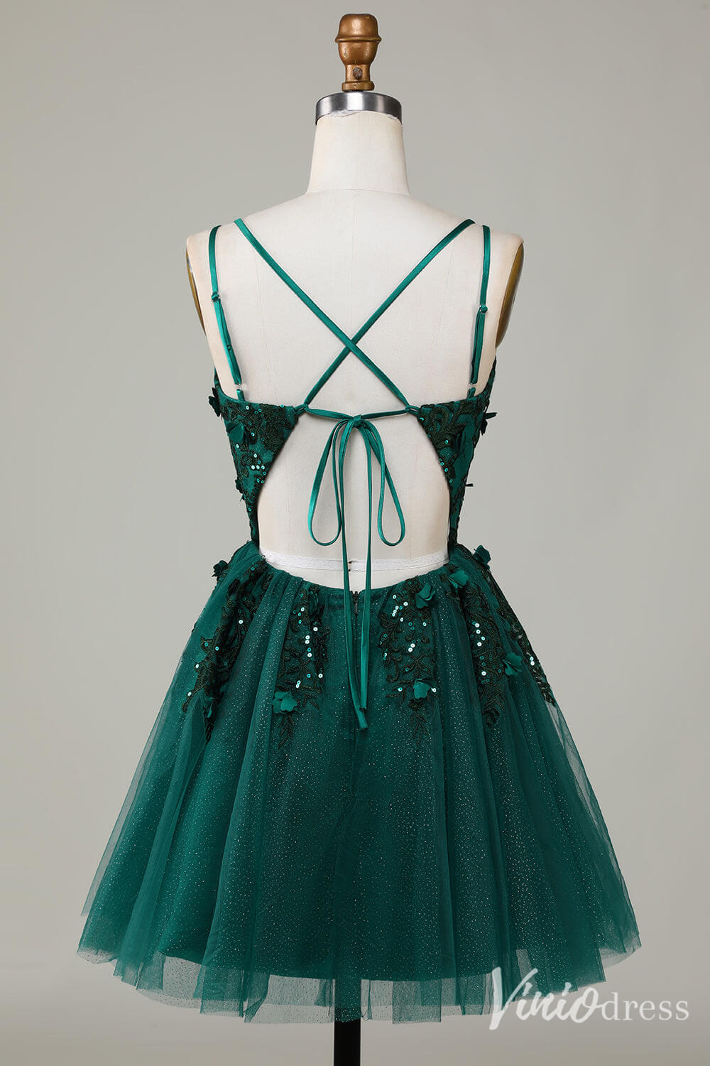 Sparkly Green Lace Applique Homecoming Dresses Spaghetti Strap Back to School Dress S24010 - Viniodressprom dressesGreenCustom Size - Formal Dresses - Ball Gowns