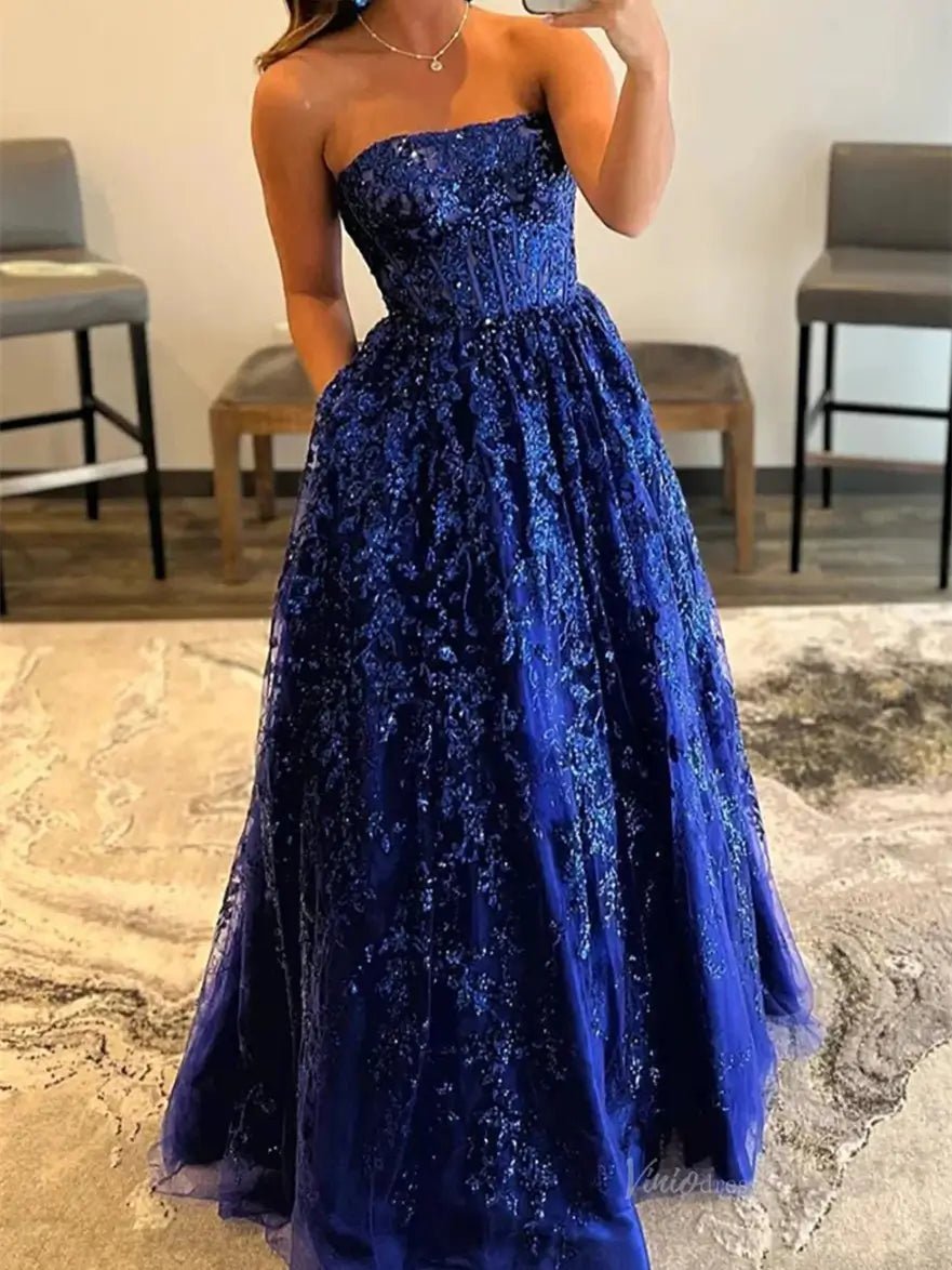 Sparkly Lace Prom Dresses 2025 Strapless Formal Gown with Pockets - FD5138 - Viniodressprom dressesBlueCustom Size - Formal Dresses - Ball Gowns