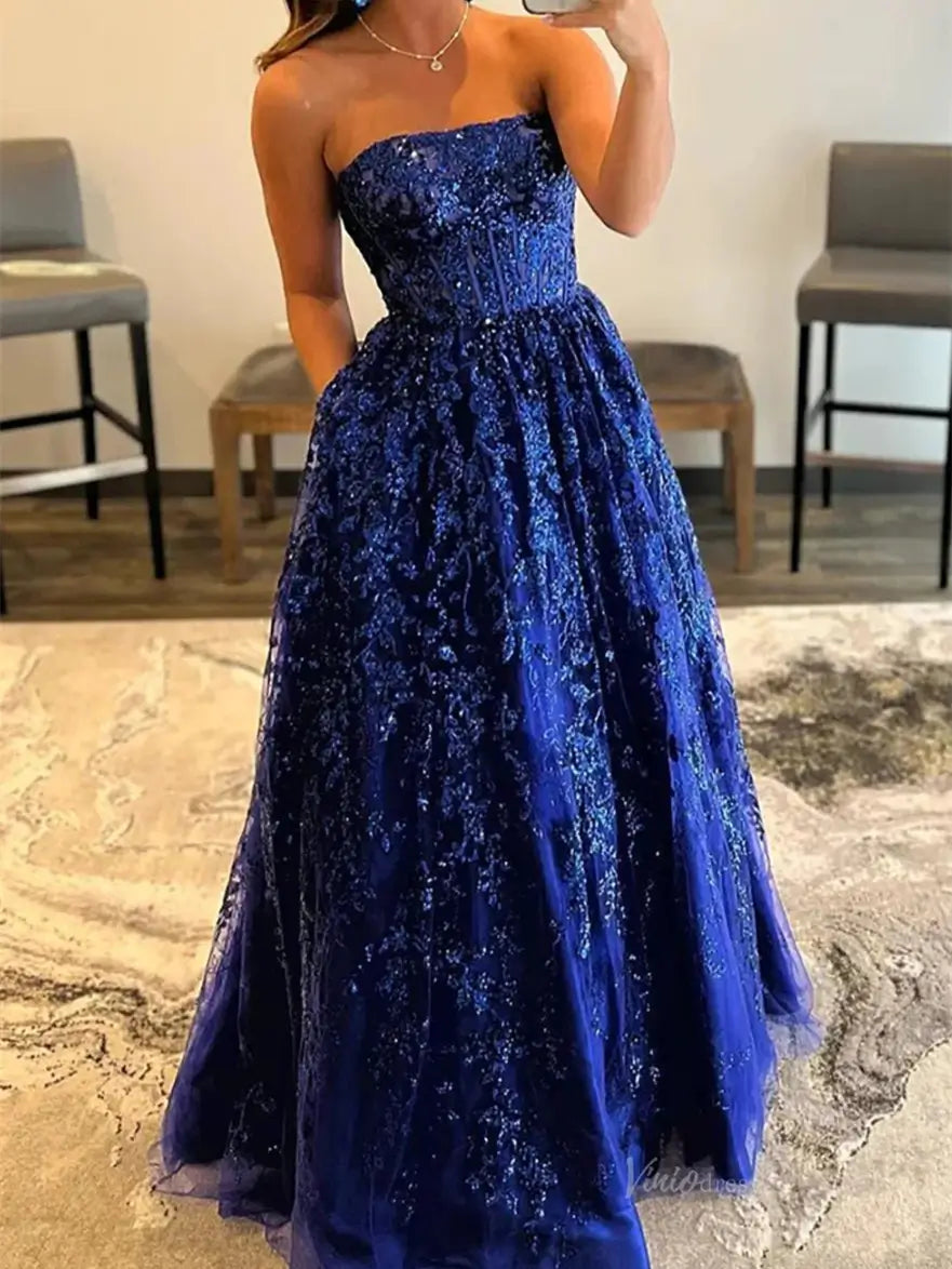 prom dresses 2025 Sparkly Lace Prom Dresses 2025 Strapless Formal Gown with Pockets - FD5138-plus size wedding dresses Viniodress-Blue-Custom Size-