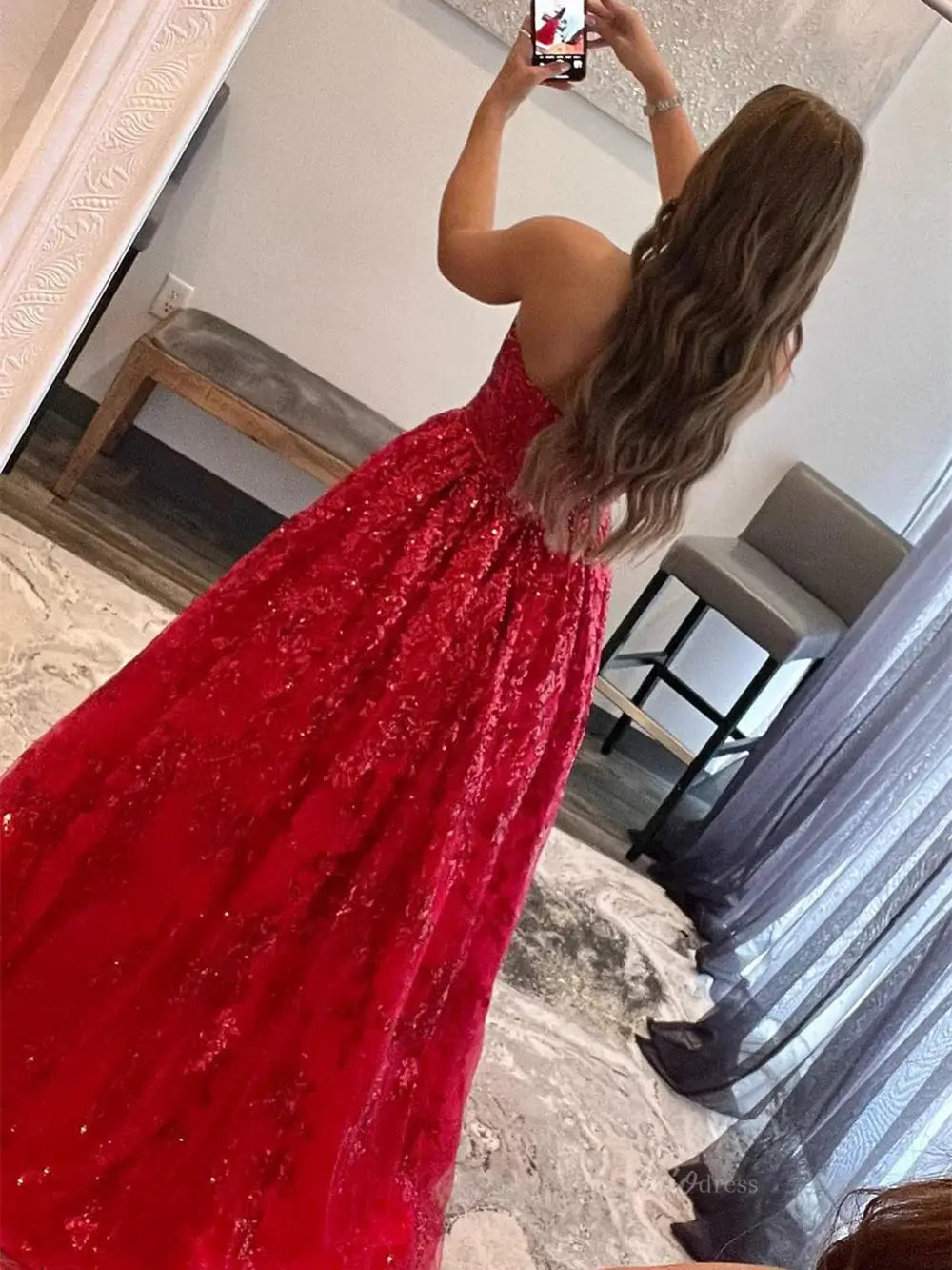 prom dresses 2025 Sparkly Lace Prom Dresses 2025 Strapless Formal Gown with Pockets - FD5138-plus size wedding dresses Viniodress-Red-Custom Size-