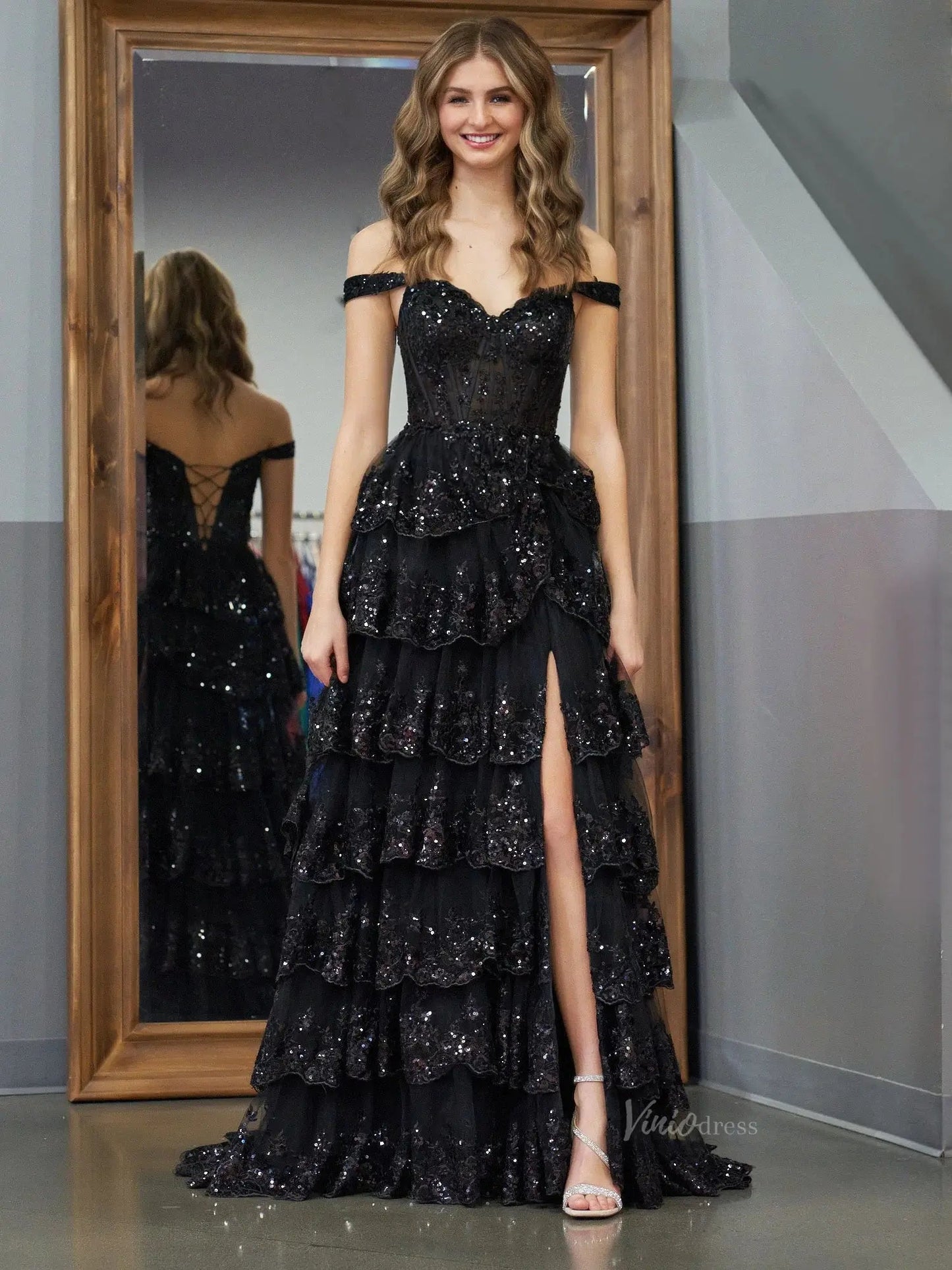 Sparkly Lace Tiered Prom Dresses with Slit Off the Shoulder Formal Dresses - FD3636D - Viniodressprom dressesBlackCustom Size - Formal Dresses - Ball Gowns