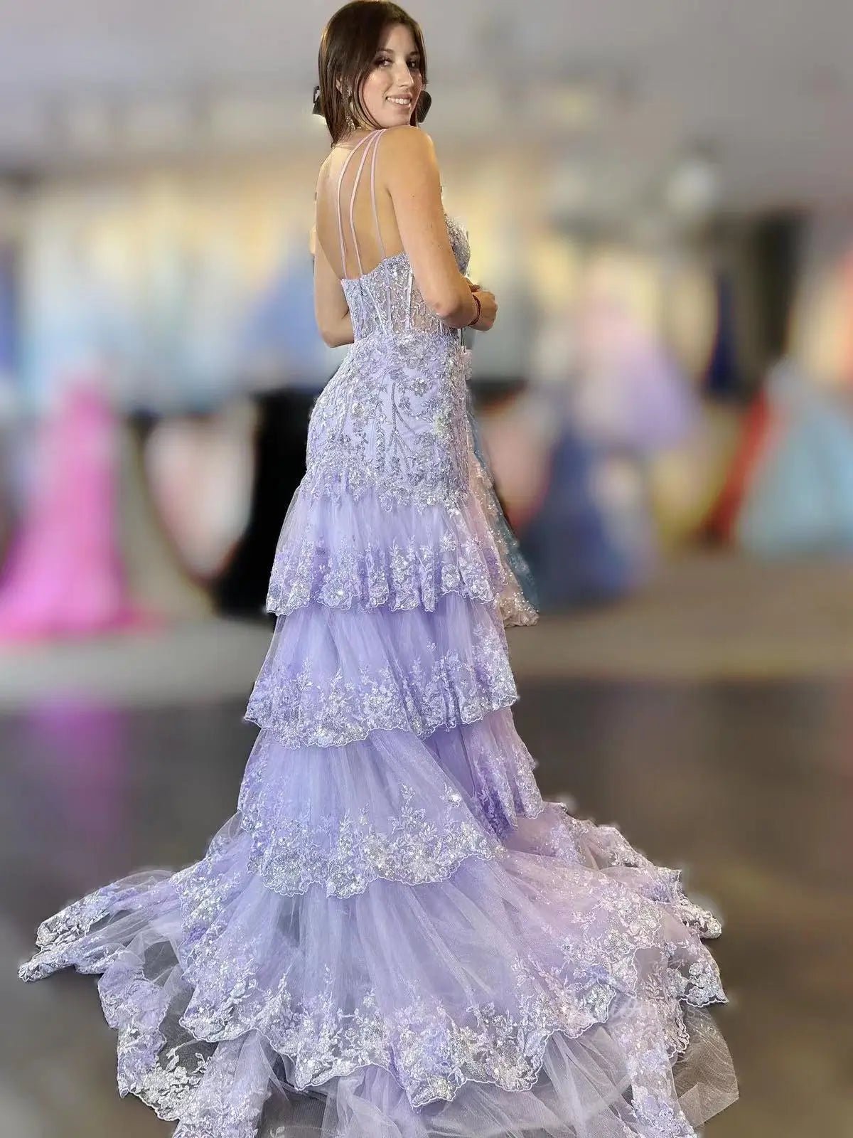 Sparkly Lavender Lace Ruffle Prom Dresses with Slit,One Shoulder Ball Gown FD3637 - Viniodressprom dressesBlackCustom Size - Formal Dresses - Ball Gowns