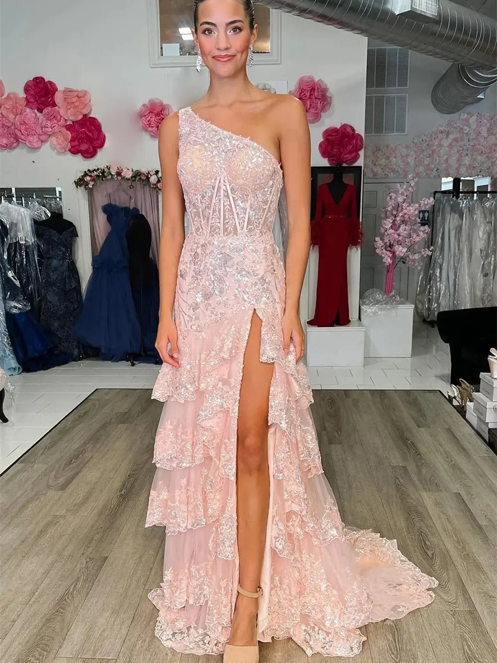 Sparkly Lavender Lace Ruffle Prom Dresses with Slit,One Shoulder Ball Gown FD3637 - Viniodressprom dressesRedCustom Size - Formal Dresses - Ball Gowns