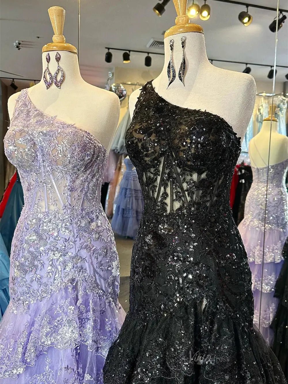 Sparkly Lavender Lace Ruffle Prom Dresses with Slit,One Shoulder Ball Gown FD3637 - Viniodressprom dressesRedCustom Size - Formal Dresses - Ball Gowns