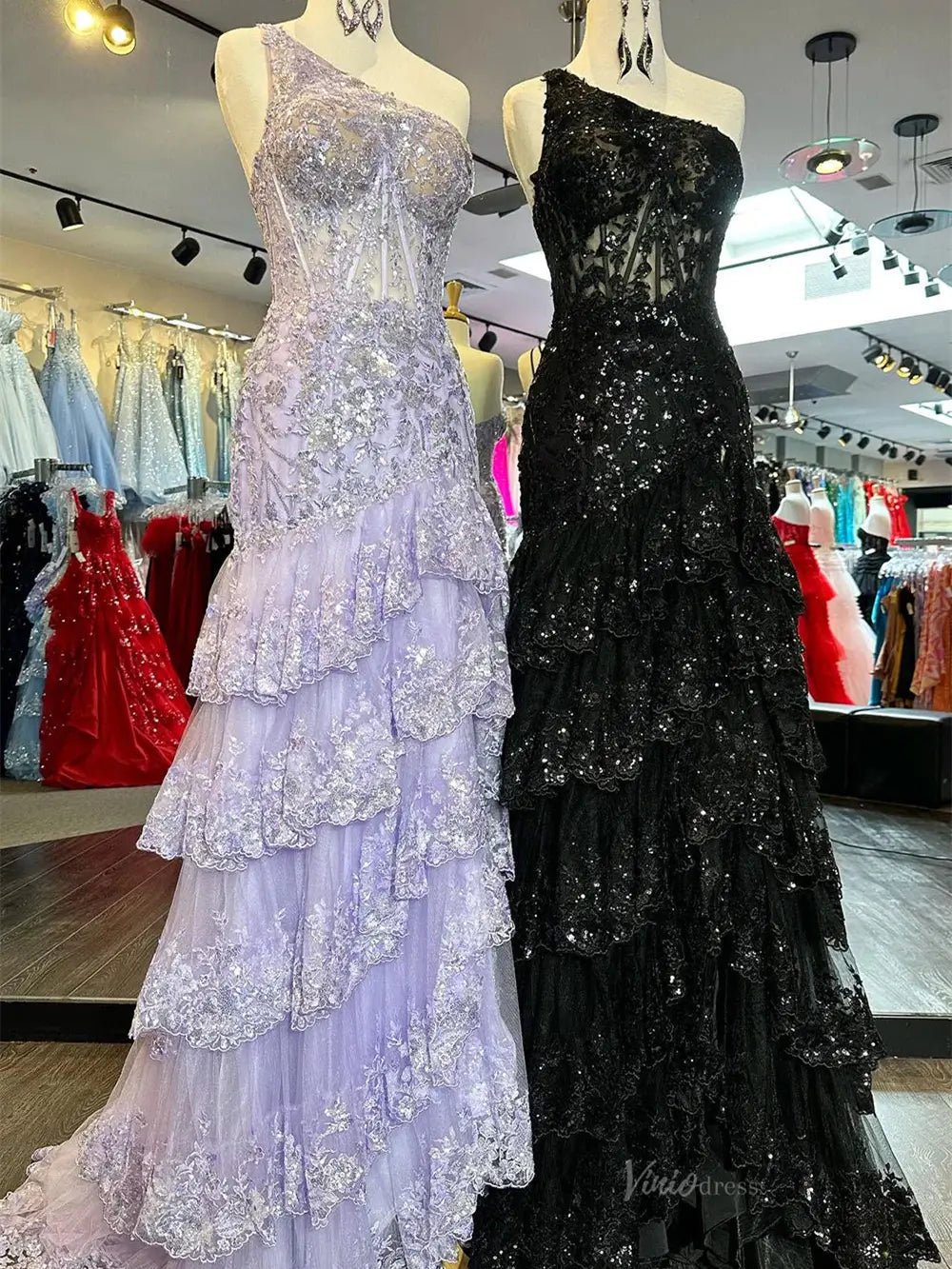 Sparkly Lavender Lace Ruffle Prom Dresses with Slit,One Shoulder Ball Gown FD3637 - Viniodressprom dressesRedCustom Size - Formal Dresses - Ball Gowns