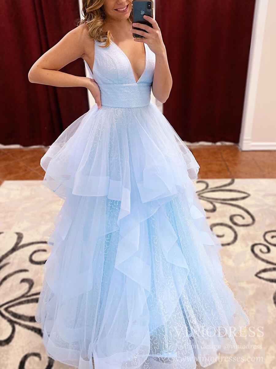 Prom Dress 2025 Sparkly Lavender Ruffle Prom Dresses Sequin Tulle Junior Prom Gown FD1401B-unique prom dresses-Light Blue-Custom Size-Viniodress