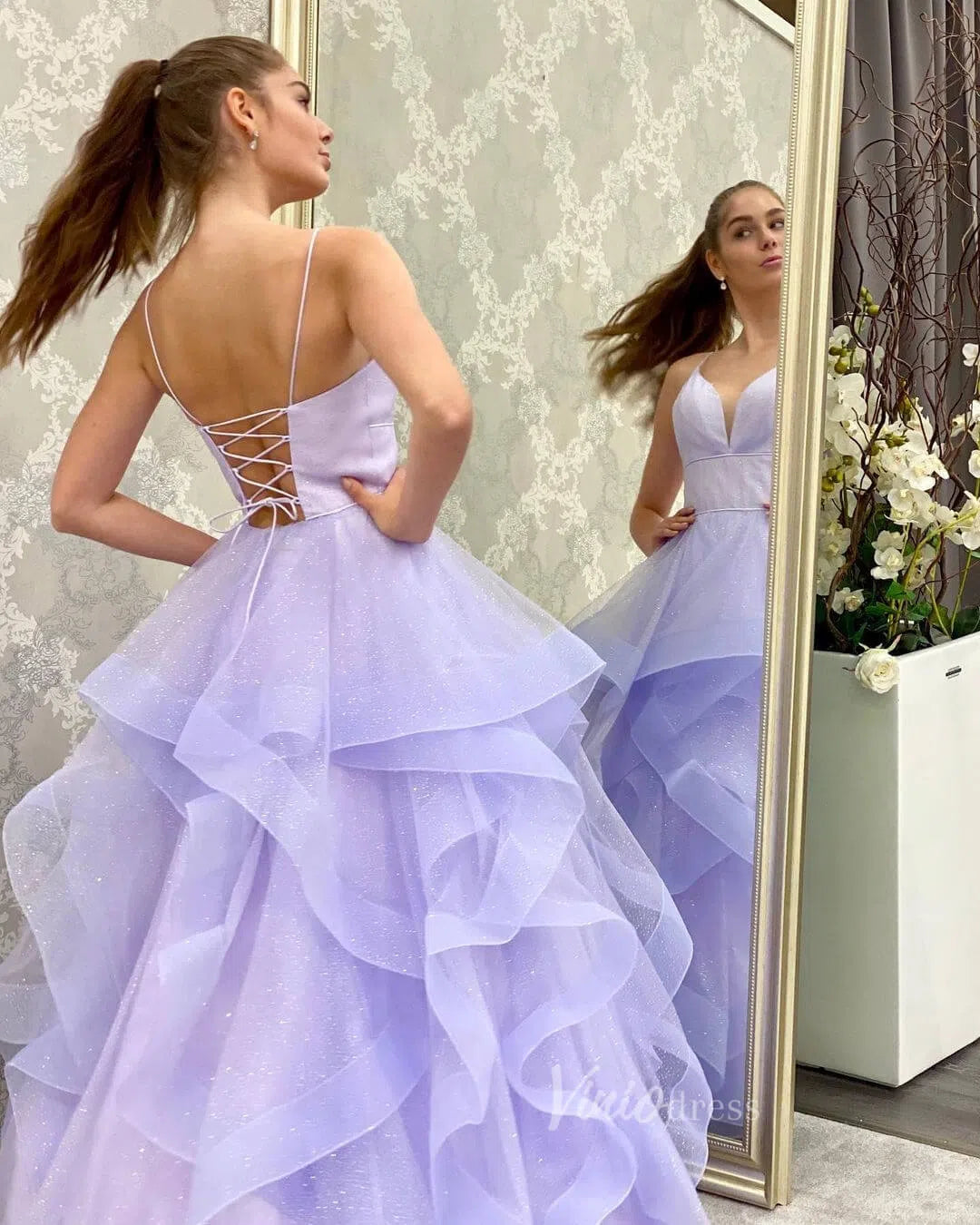 Prom Dress 2025 Sparkly Lavender Tiered Long Prom Dresses with Straps FD2649B-unique prom dresses-Lilac-Custom Size-Viniodress