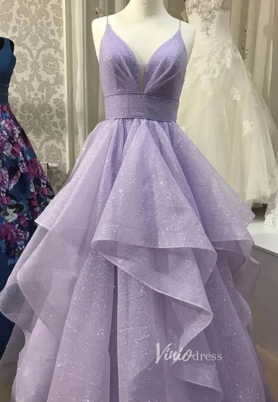 Prom Dress 2025 Sparkly Lavender Tiered Long Prom Dresses with Straps FD2649B-unique prom dresses-Lilac-Custom Size-Viniodress