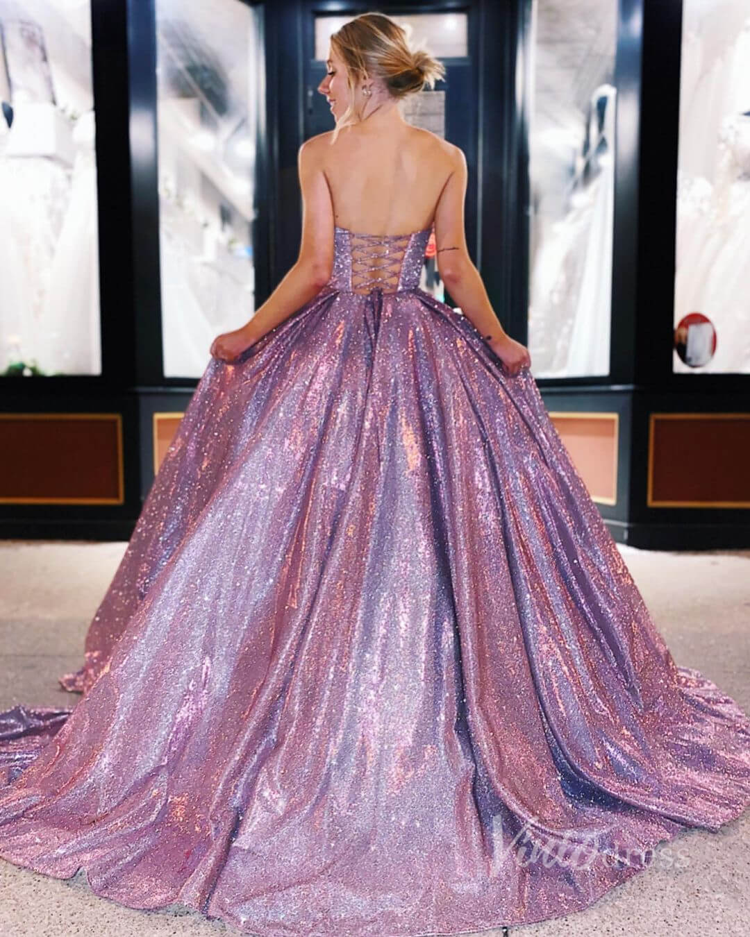 Prom Dress 2025 Sparkly Purple Prom Dress with Pockets Strapless Ball Gown FD2833-unique prom dresses-Purple-Custom Size-Viniodress