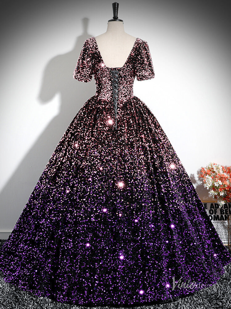 Prom Dress 2025 Sparkly Purple Sequin Prom Ball Gown Short Sleeve Quinceanera Dresses BG028-unique prom dresses-Purple-Custom Size-Viniodress