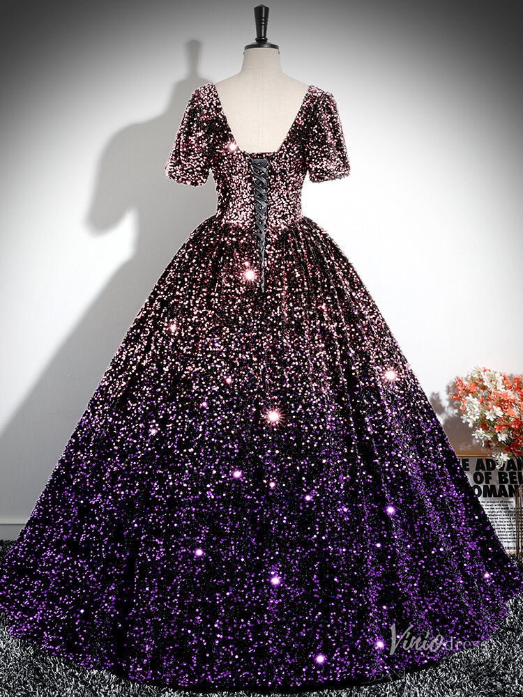 Sparkly Purple Sequin Prom Ball Gown Short Sleeve Quinceanera Dresses BG028 - Viniodressprom dressesPurpleCustom Size - Formal Dresses - Ball Gowns