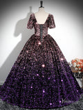 Prom Dress 2025 Sparkly Purple Sequin Prom Ball Gown Short Sleeve Quinceanera Dresses BG028-unique prom dresses-Purple-Custom Size-Viniodress