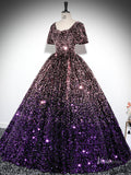 Prom Dress 2025 Sparkly Purple Sequin Prom Ball Gown Short Sleeve Quinceanera Dresses BG028-unique prom dresses-Purple-Custom Size-Viniodress