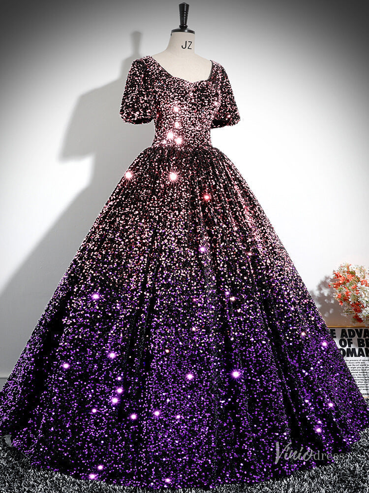 Prom Dress 2025 Sparkly Purple Sequin Prom Ball Gown Short Sleeve Quinceanera Dresses BG028-unique prom dresses-Purple-Custom Size-Viniodress