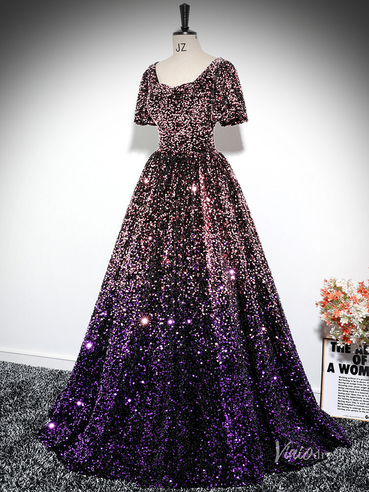 Prom Dress 2025 Sparkly Purple Sequin Prom Ball Gown Short Sleeve Quinceanera Dresses BG028-unique prom dresses-Purple-Custom Size-Viniodress