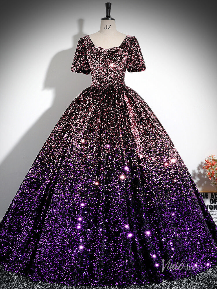 Prom Dress 2025 Sparkly Purple Sequin Prom Ball Gown Short Sleeve Quinceanera Dresses BG028-unique prom dresses-Purple-Custom Size-Viniodress