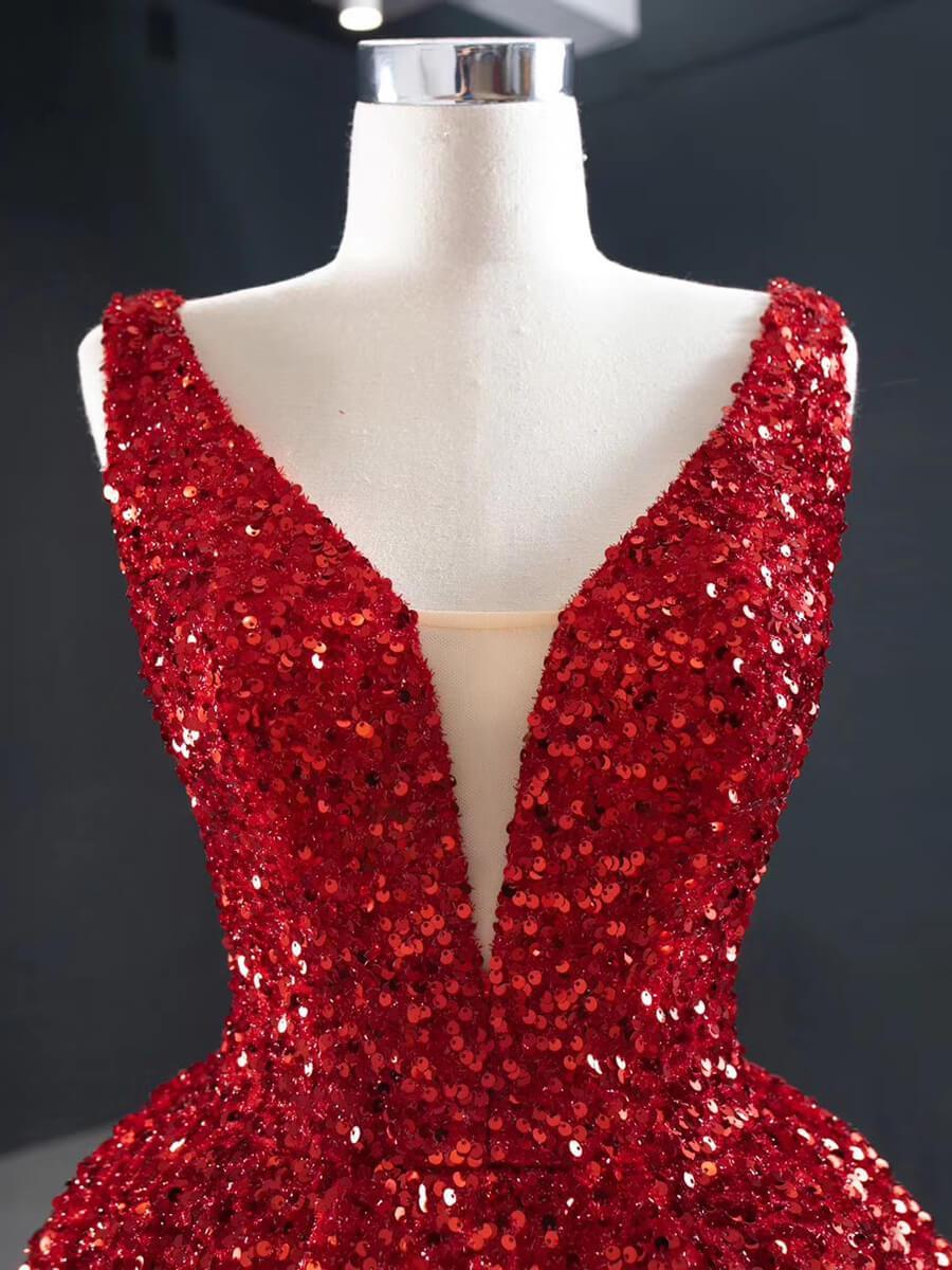 Prom Dress 2025 Sparkly Red Sequin High Low Prom Dresses Vintage Ball Gown FD2414 viniodress-unique prom dresses-Red-Custom Size-Viniodress